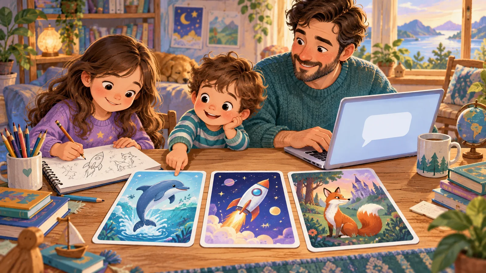 A parent and children explore story, space and nature activity cards beside a laptop.