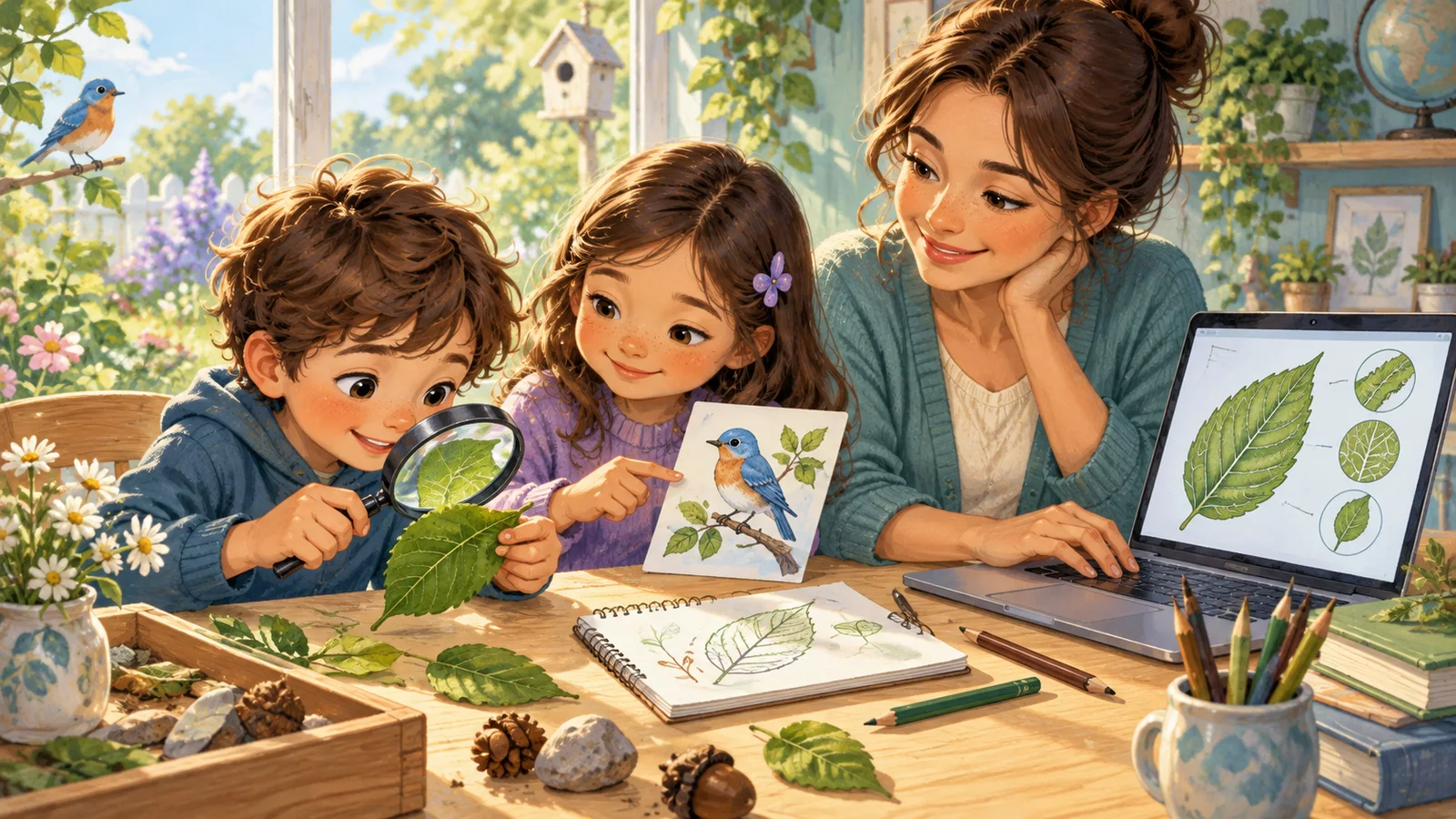 A parent and children compare a leaf, a nature drawing and a diagram on a laptop.