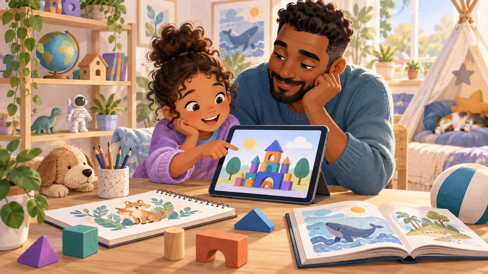 A family chooses among a creative tablet activity, drawing, reading and outdoor play.
