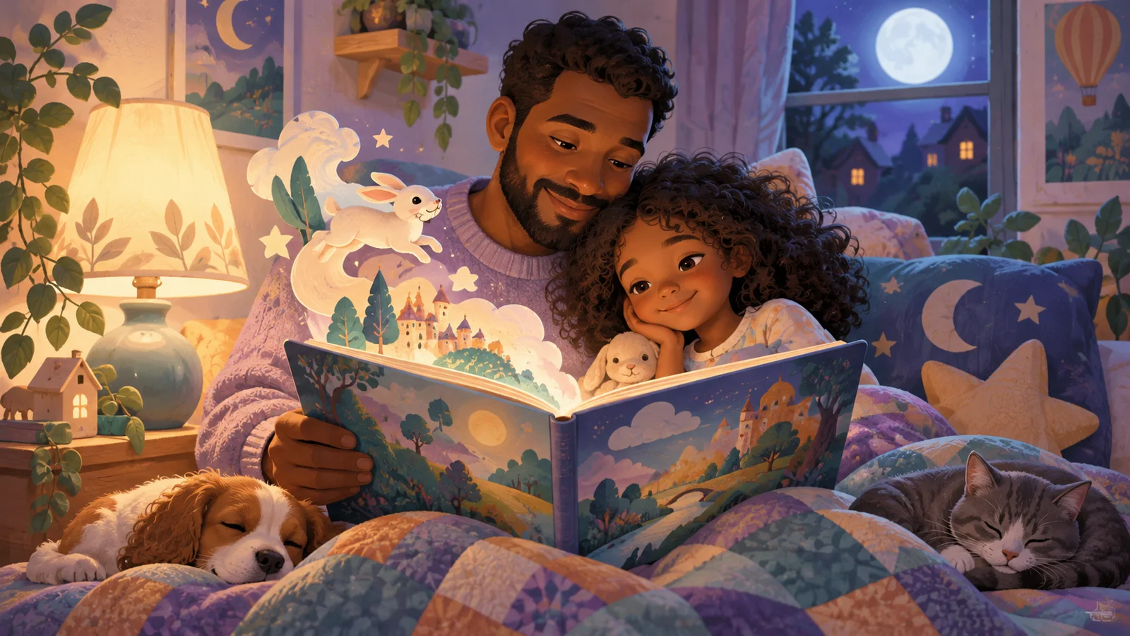 A parent reads a gentle bedtime story beside a warm lamp.