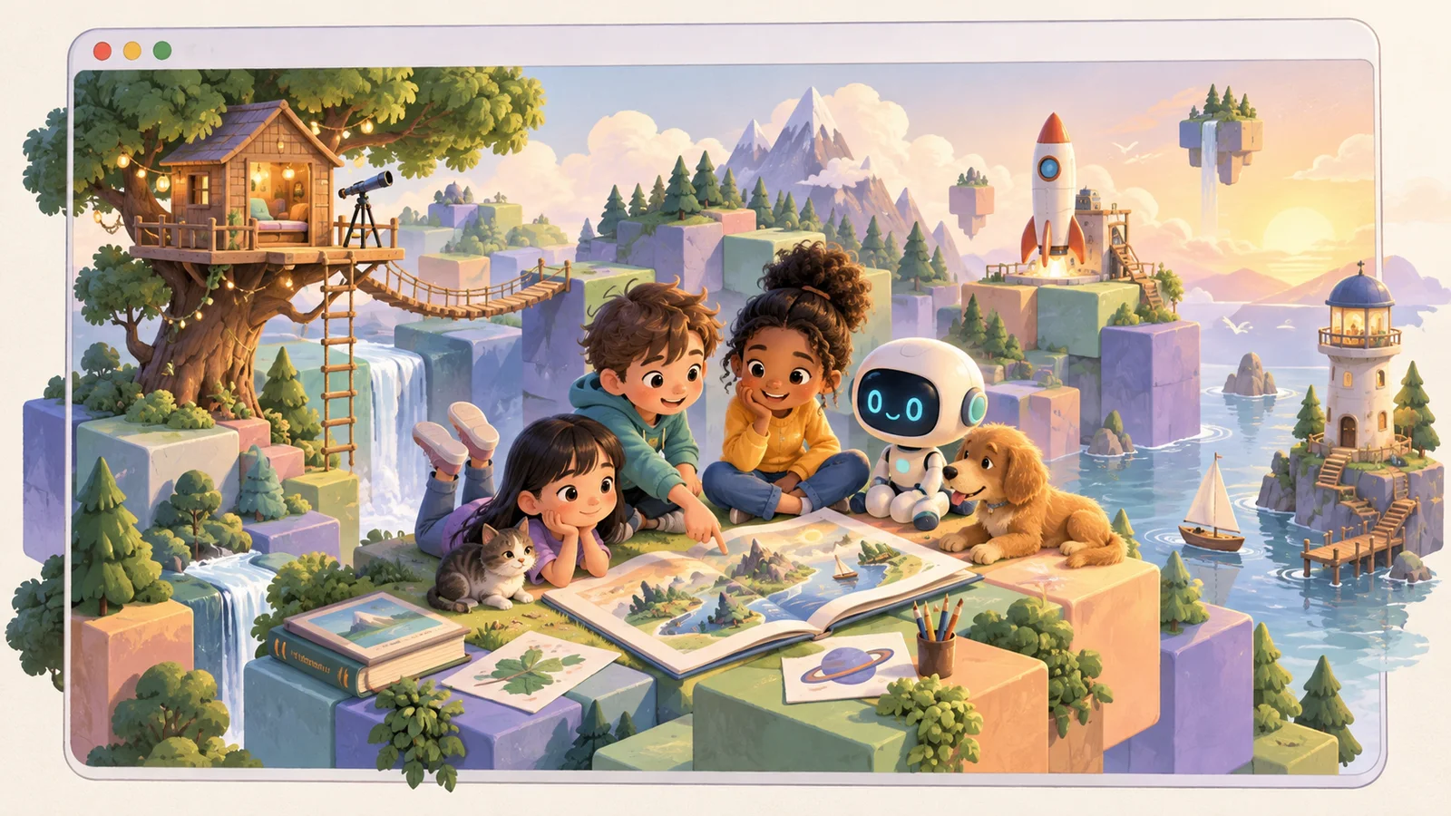 A colorful block world contains a treehouse, bridge, rocket and lakeside tower.