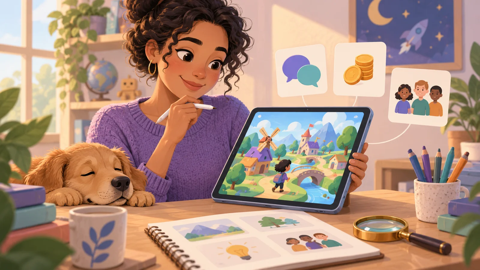 A parent reviews a block-building game alongside a checklist and feature cards.