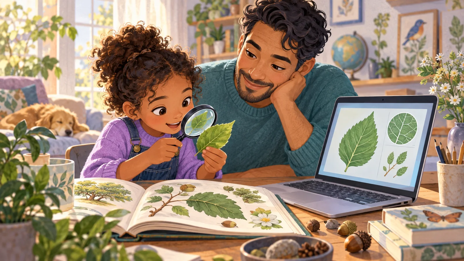 A parent and child check a digital leaf diagram against a real leaf and a nature book.