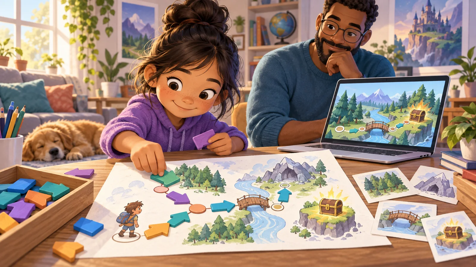 A child lays out a branching adventure map beside colorful logic blocks and a laptop.