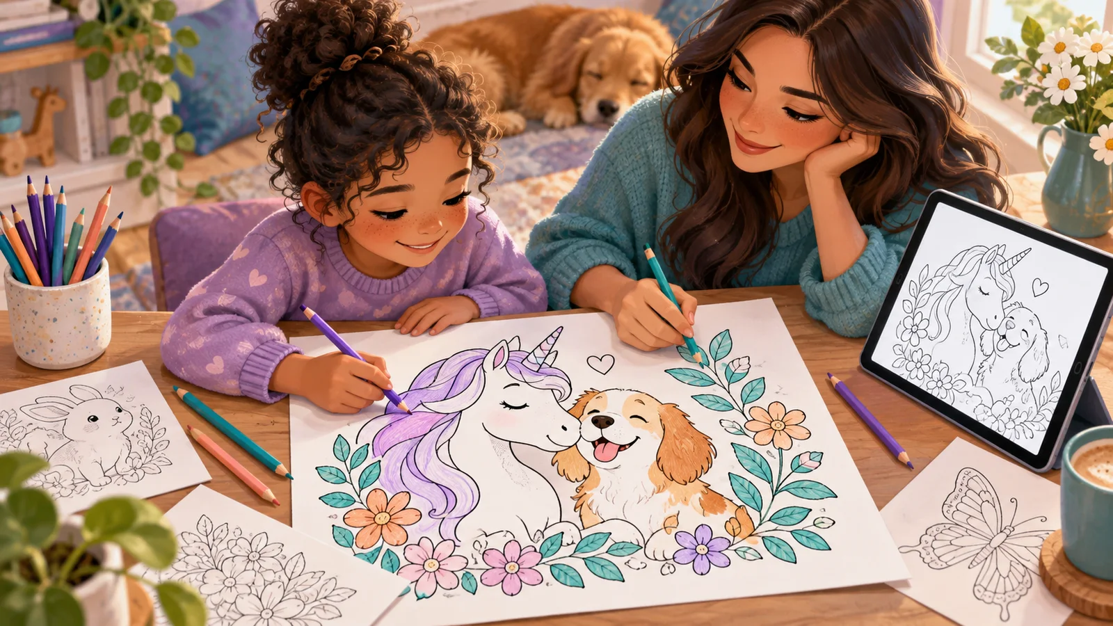 Coloring pages of a unicorn, dog and flowers lie beside colored pencils and a tablet.