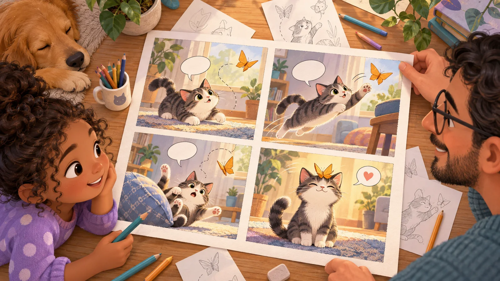 Four illustrated comic panels show a cat following a paper butterfly.
