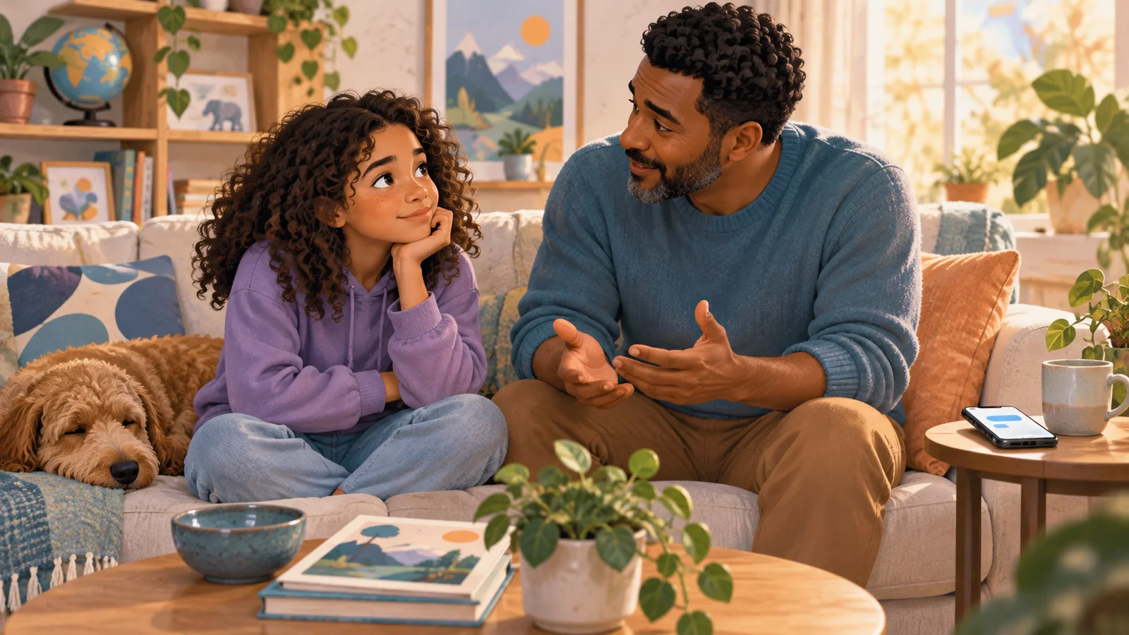A parent and child talk together while a phone rests on a side table.