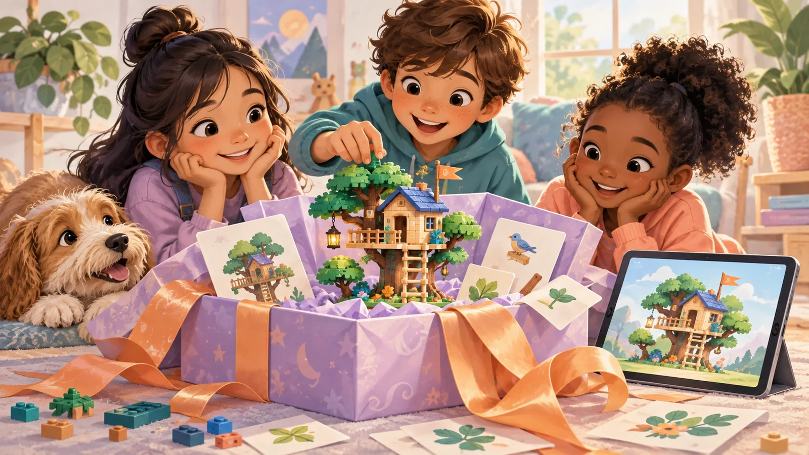 An open gift box contains a block treehouse, activity cards and a tablet.