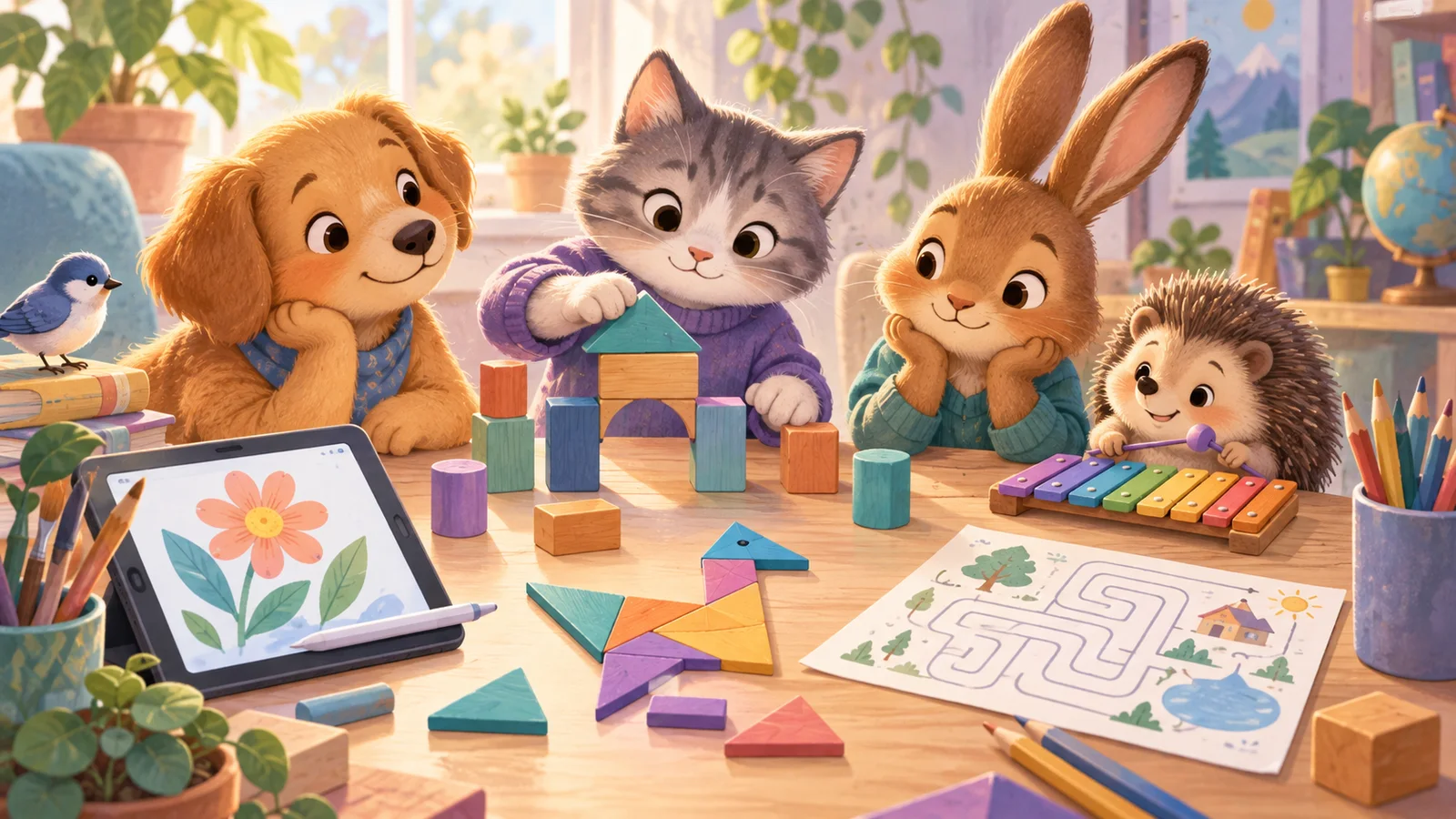 A creative activity kit combines building blocks, drawing, music and a paper maze.