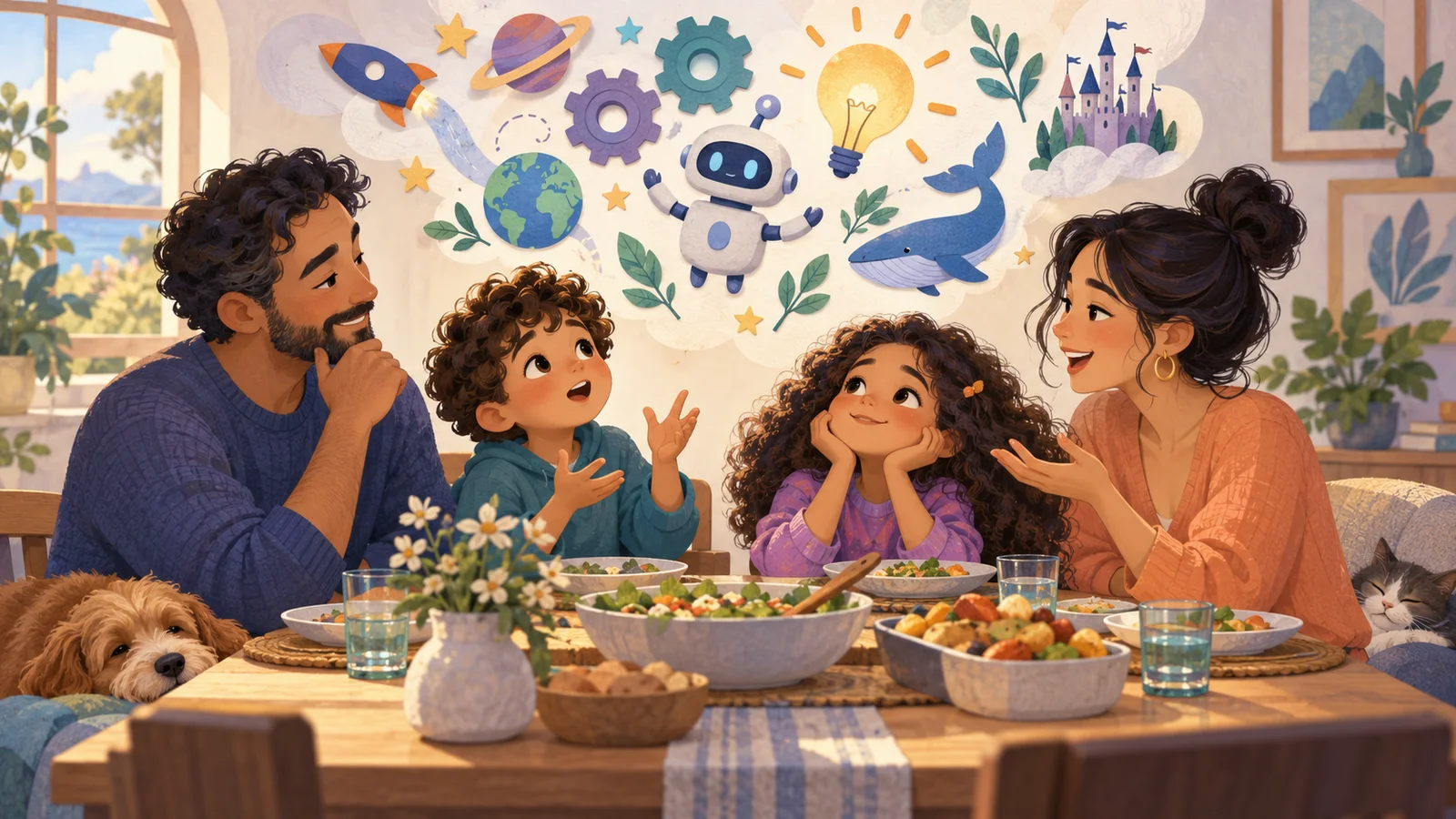 A family discusses ideas around the dinner table without screens.