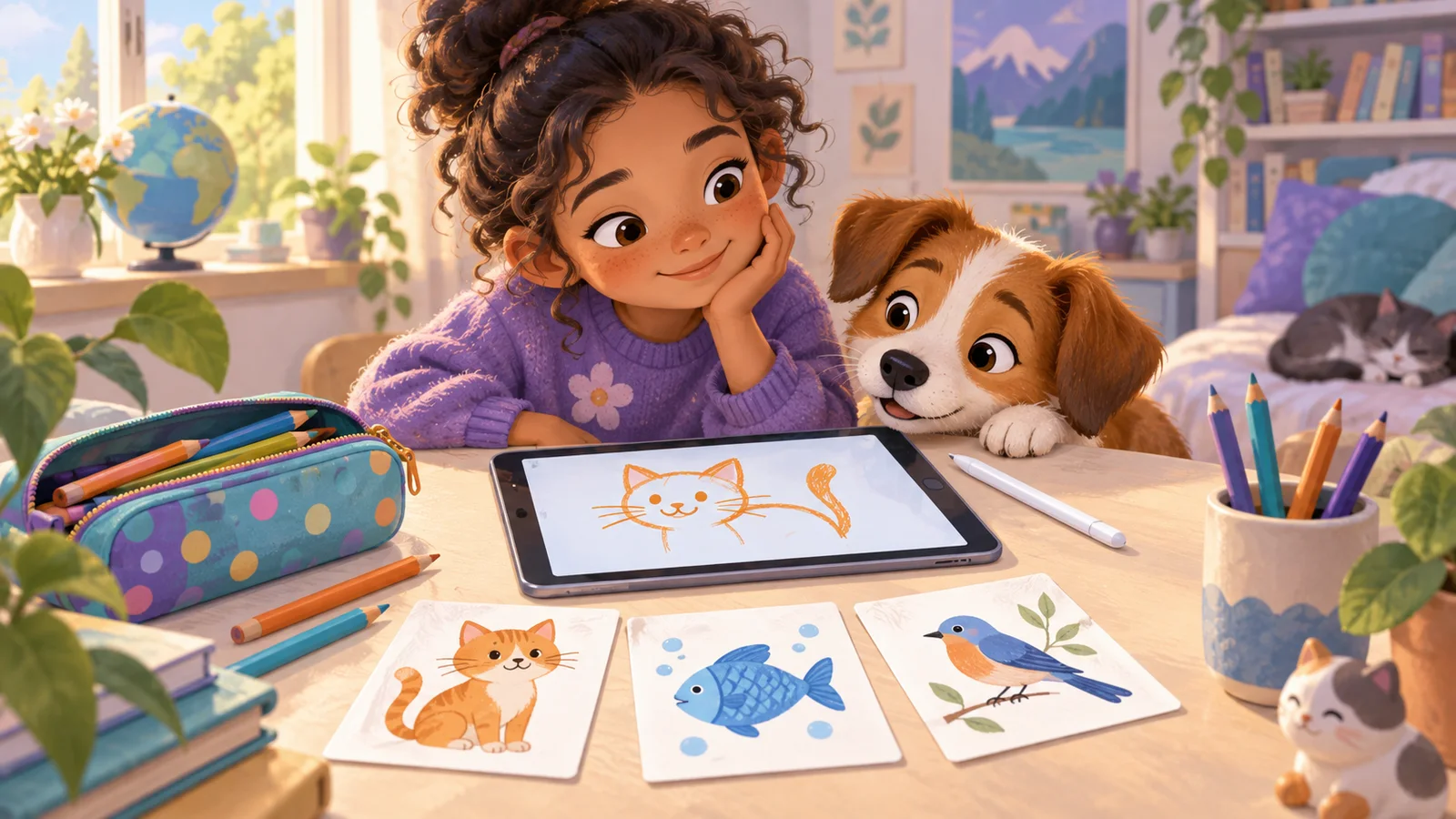 A cat sketch on a tablet sits beside animal picture cards and a pencil case.