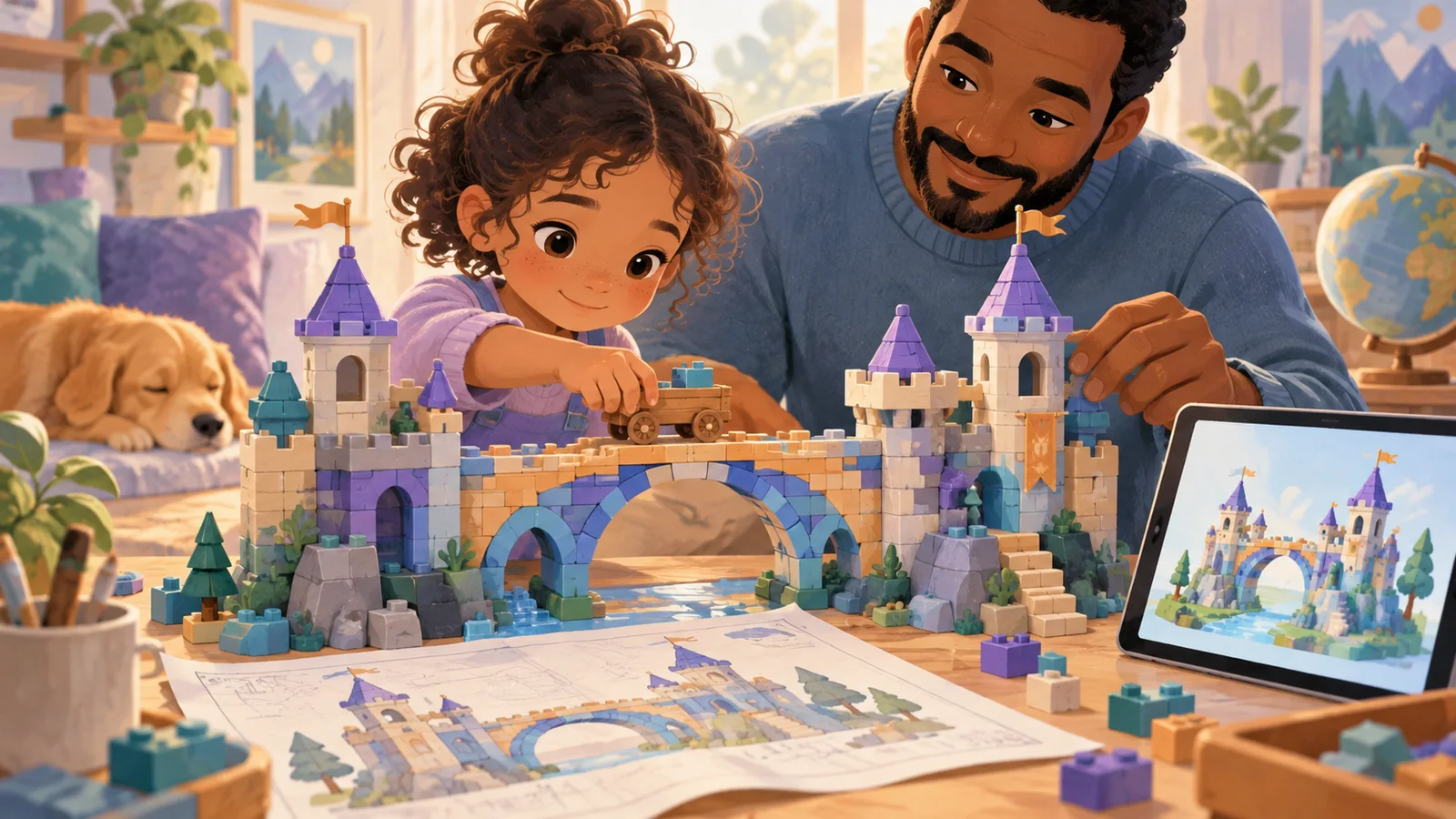 A child and parent test a brick bridge beside a castle, blueprint and tablet.