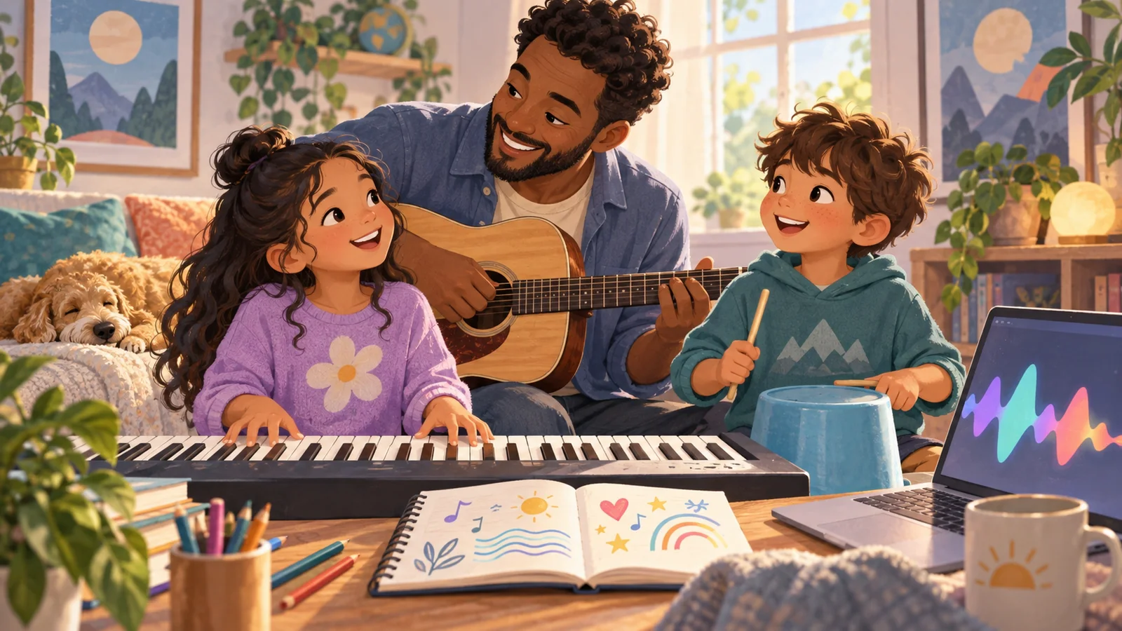 A family creates a song with a keyboard, guitar and notebook.