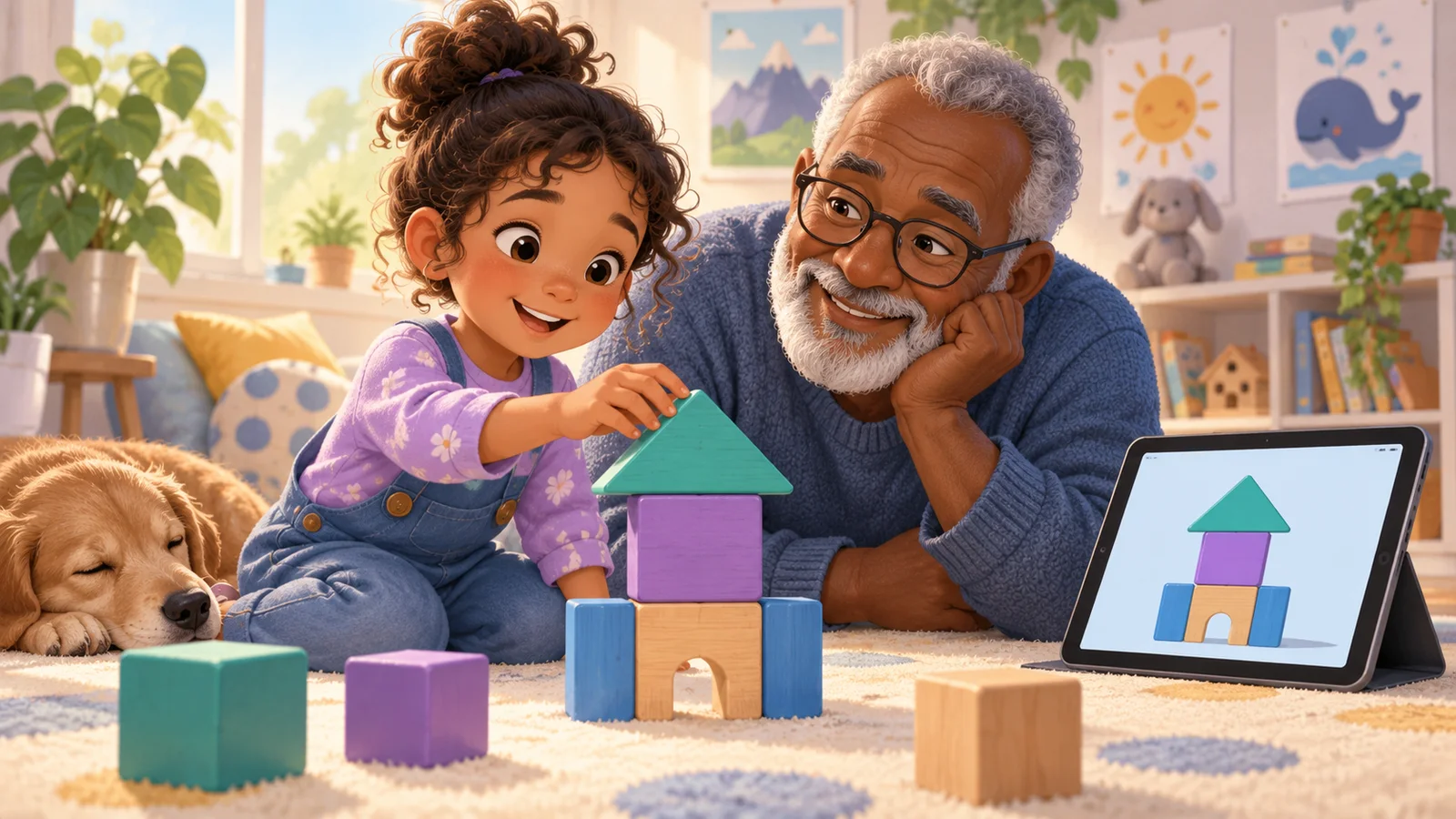 A child and grandparent explore a simple house made from colorful blocks.