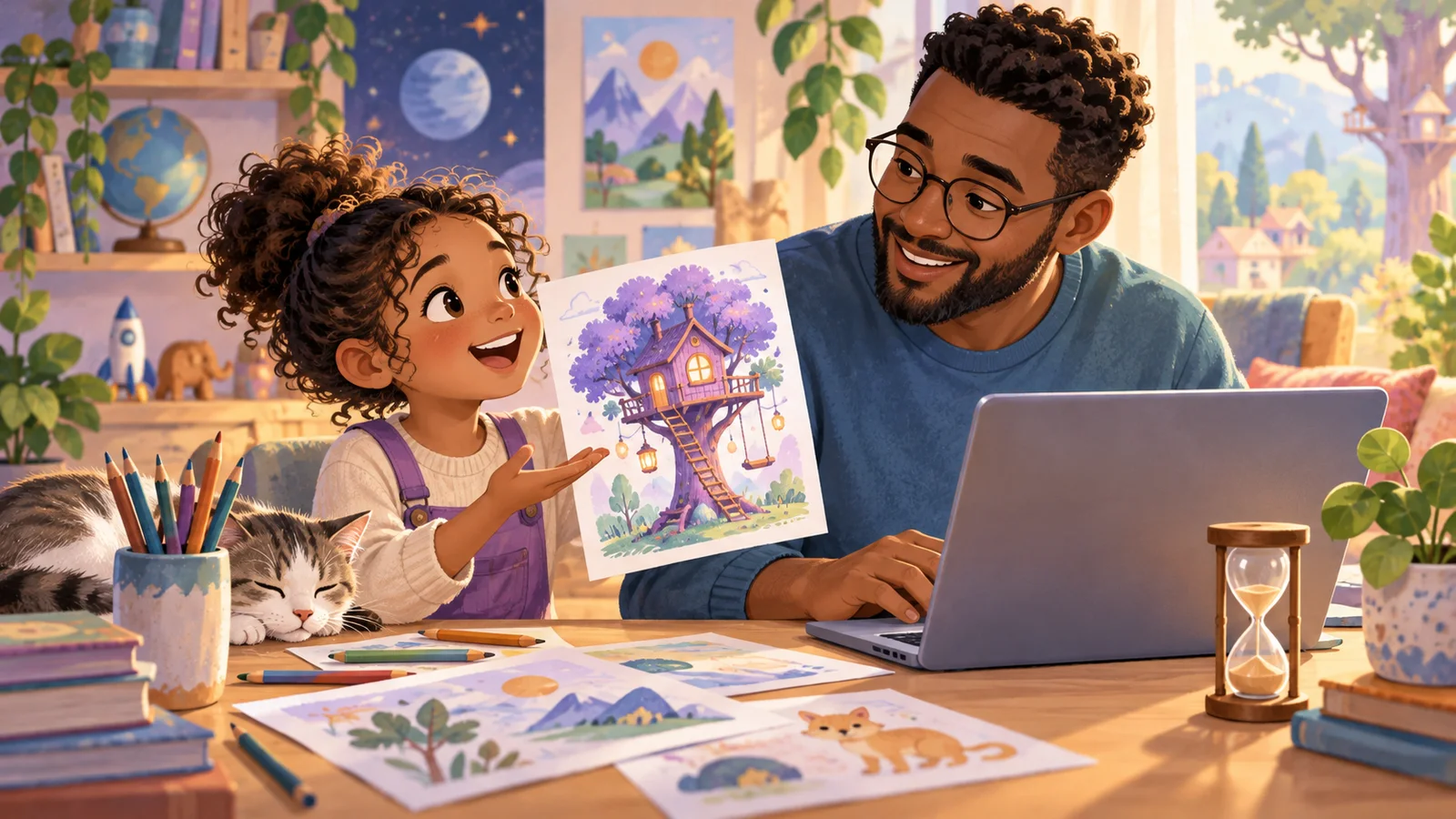 A child describes an imaginary treehouse while a parent operates a laptop.