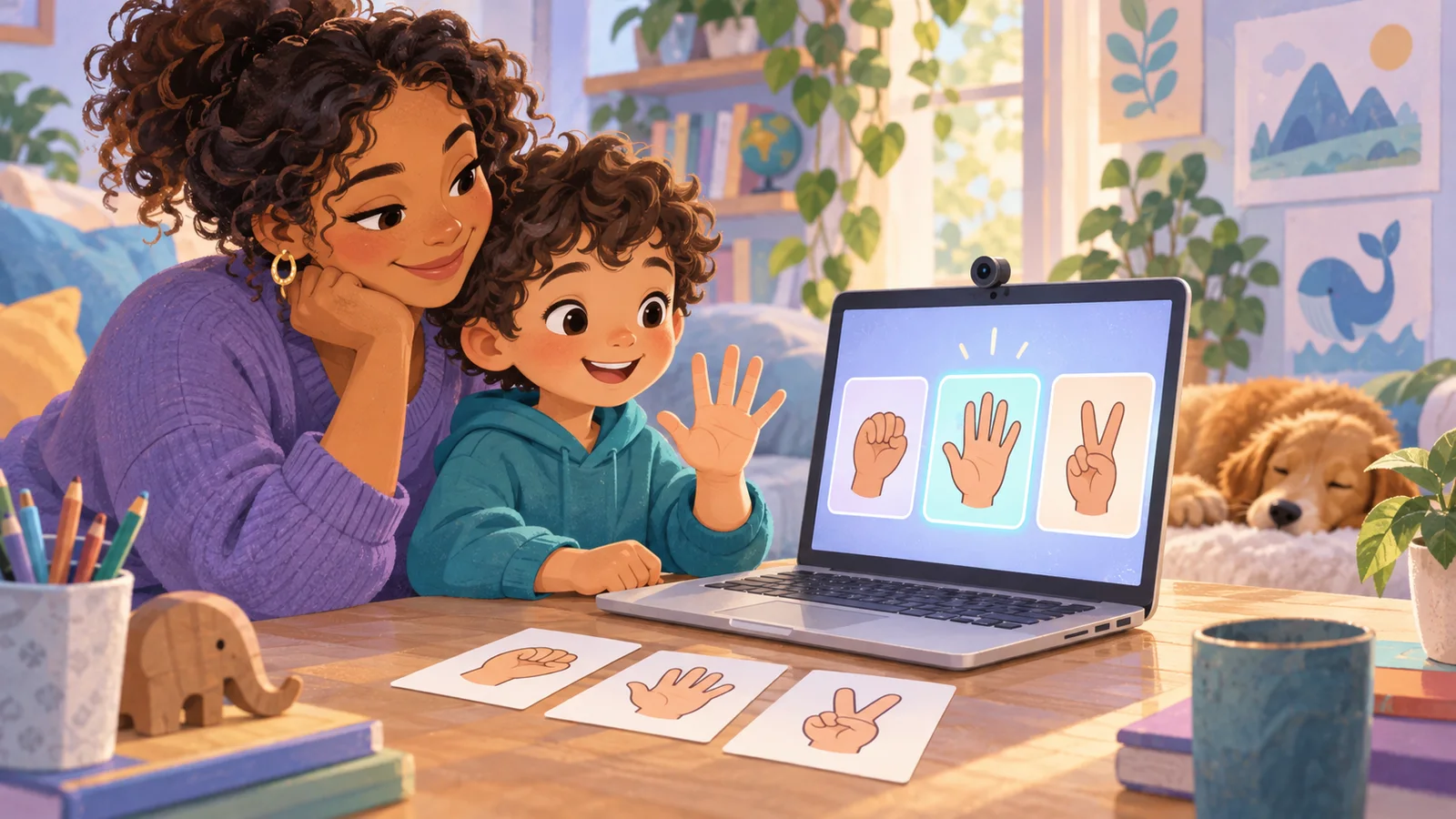 A child and parent test hand gestures using a laptop and three gesture cards.