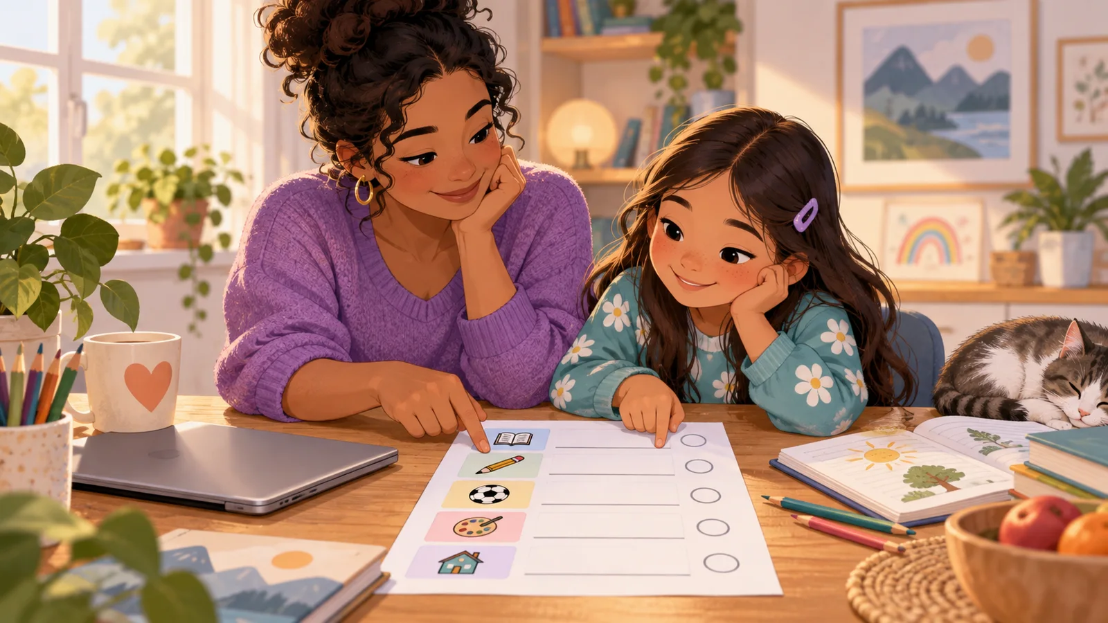 A parent and child agree on a homework plan together at a table.