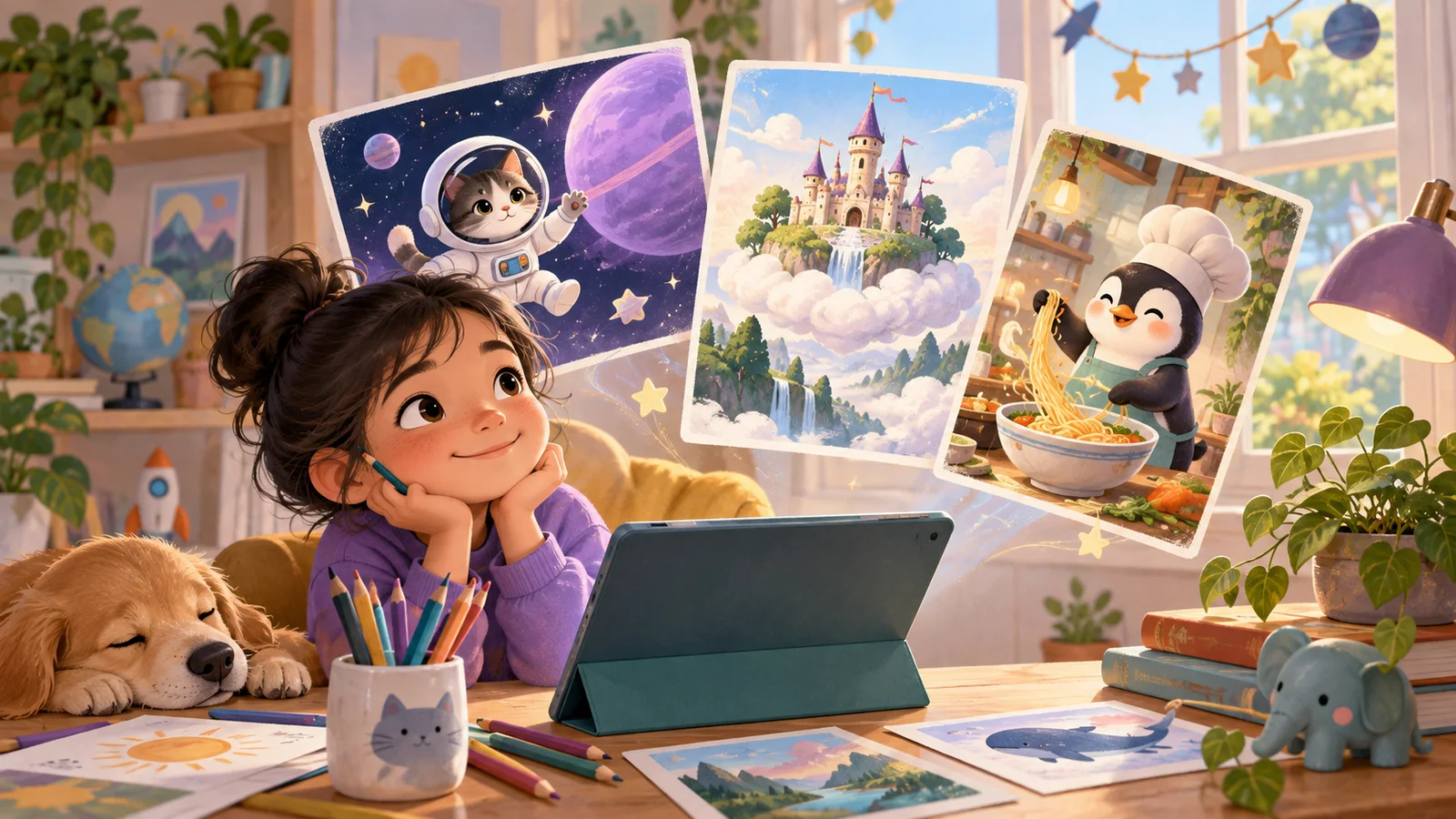 Whimsical pictures show a cat astronaut, cloud castle and penguin chef beside drawing tools.