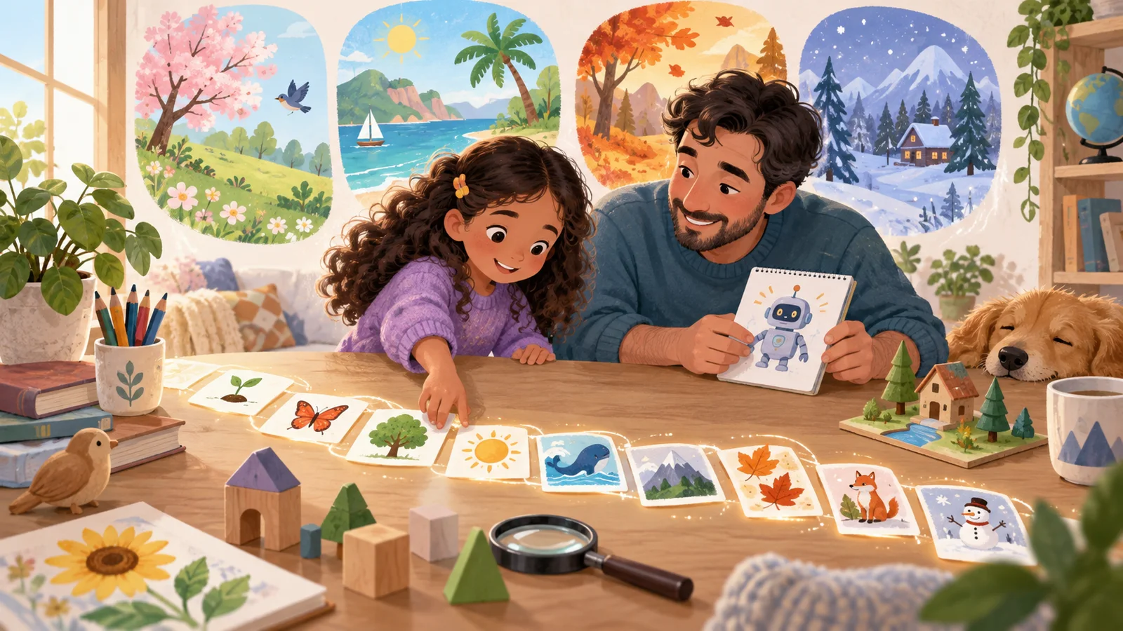 A parent and child arrange a learning path through drawing, building and investigation activities.