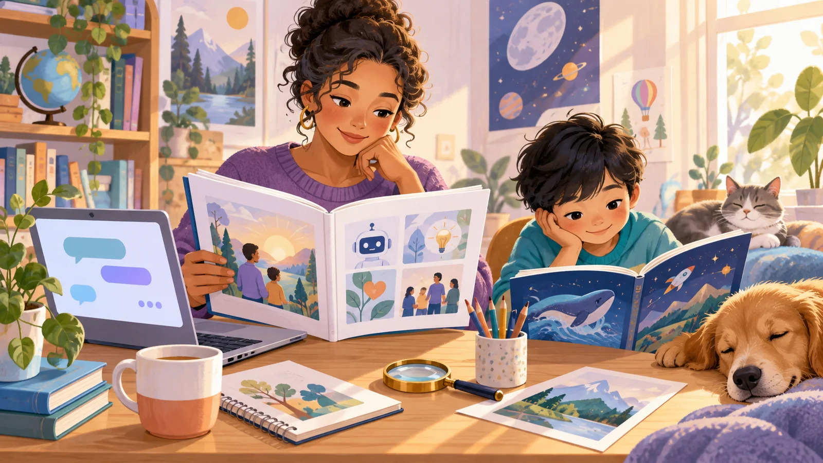 A parent reviews a family technology guide while a child reads nearby.