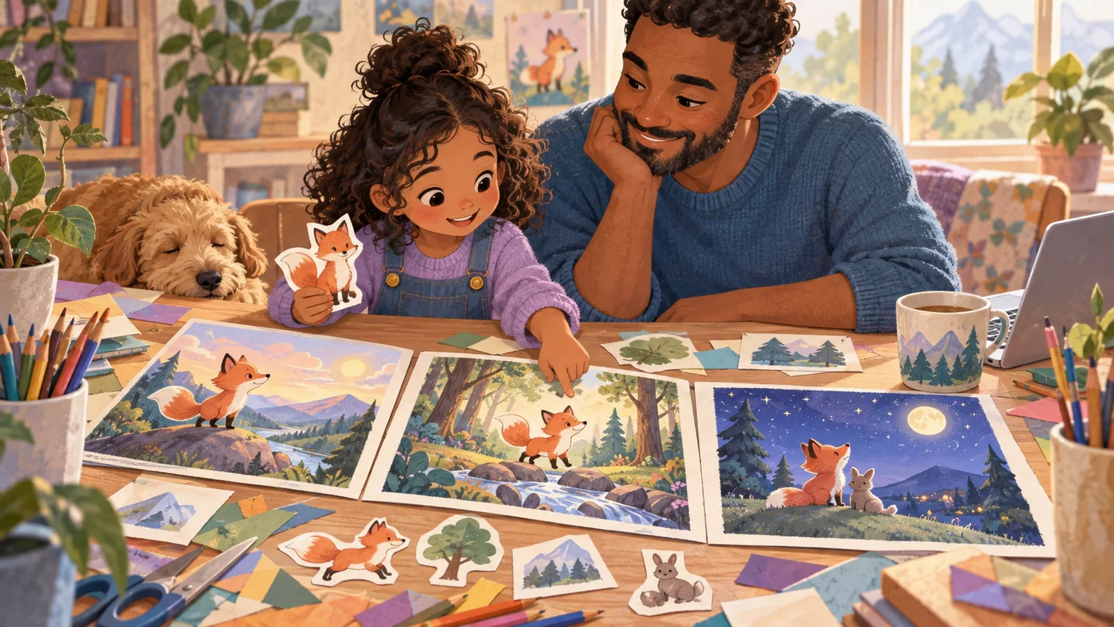 A parent and child arrange illustrated pages for a handmade fox storybook.