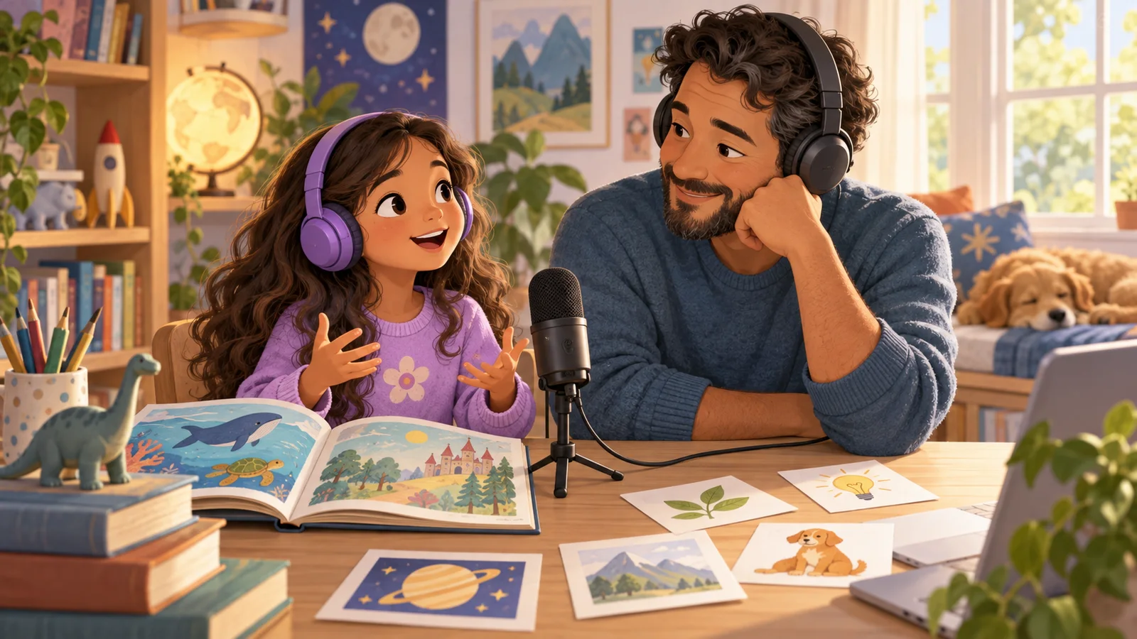 A child and parent prepare an audio recording with a book, microphone and headphones.