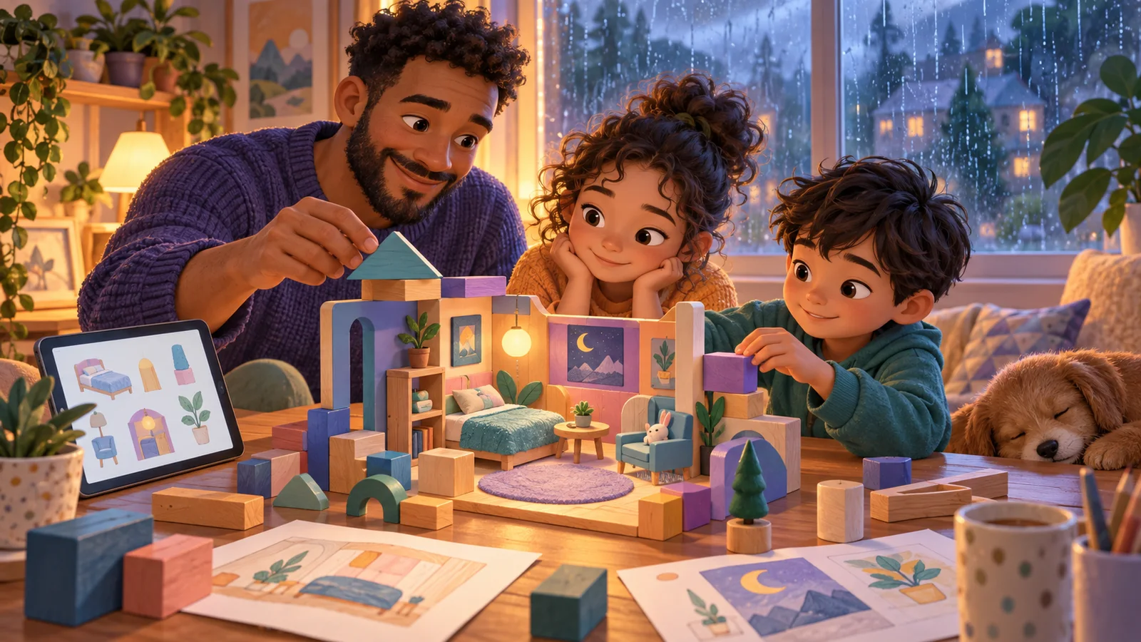 A family builds a miniature room with blocks on a rainy afternoon.