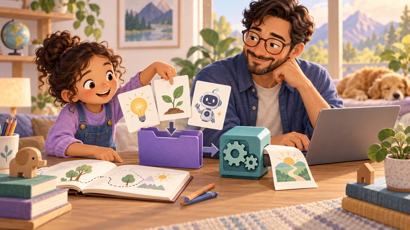 Illustrated instruction cards, a folder and gears represent reusable AI workflows.