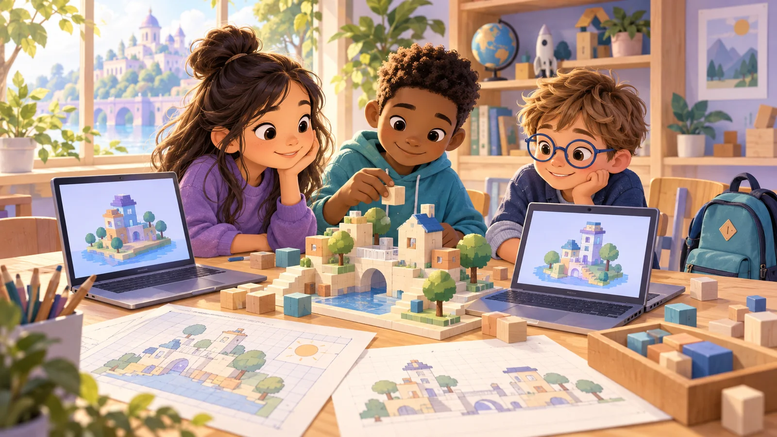 School laptops show block houses beside a blueprint and wooden cubes.