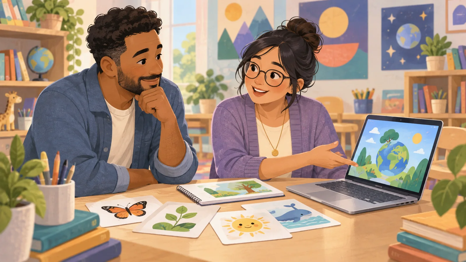 A parent and teacher discuss learning materials and a laptop in a classroom.