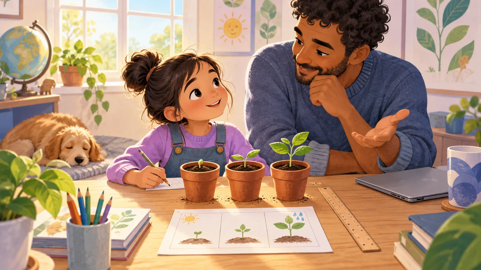 A child records observations of three growing plants with a parent nearby.