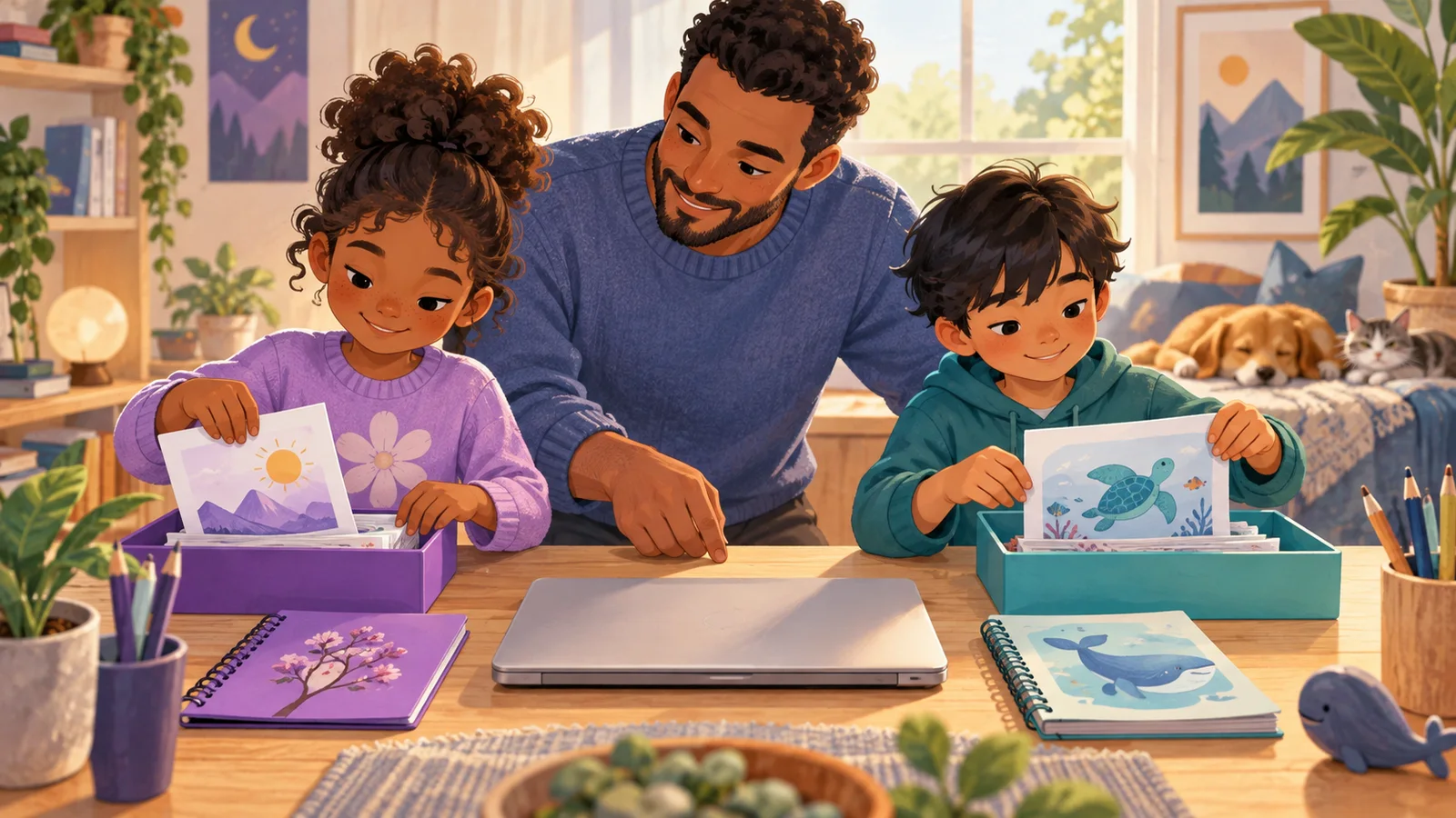 A parent helps two siblings organize separate folders beside a shared laptop.