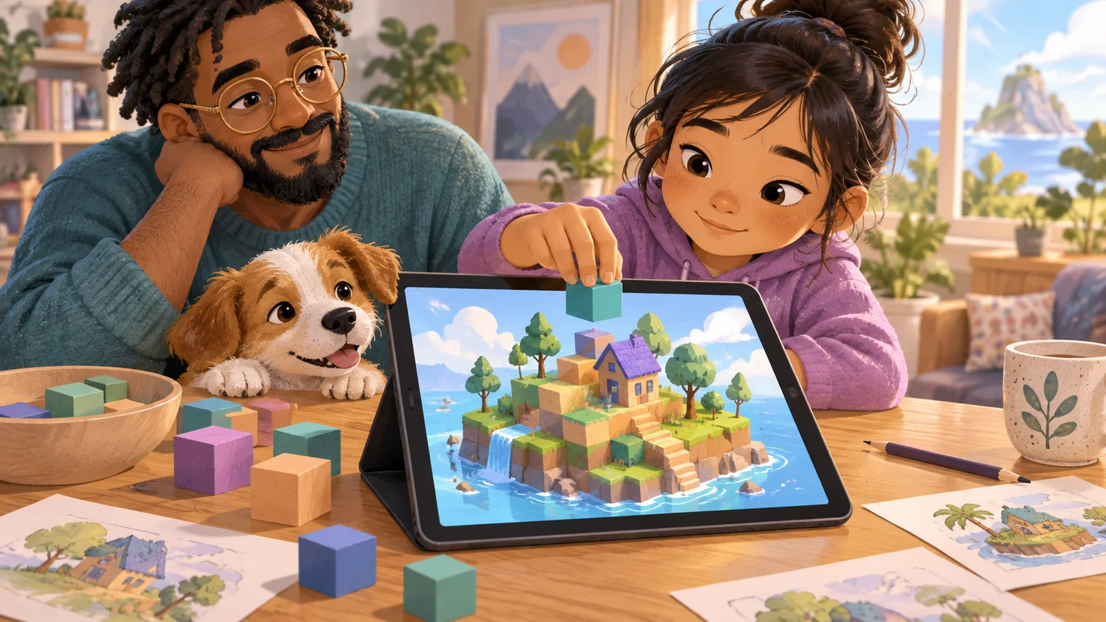 A tablet displays a colorful block island beside physical cubes.