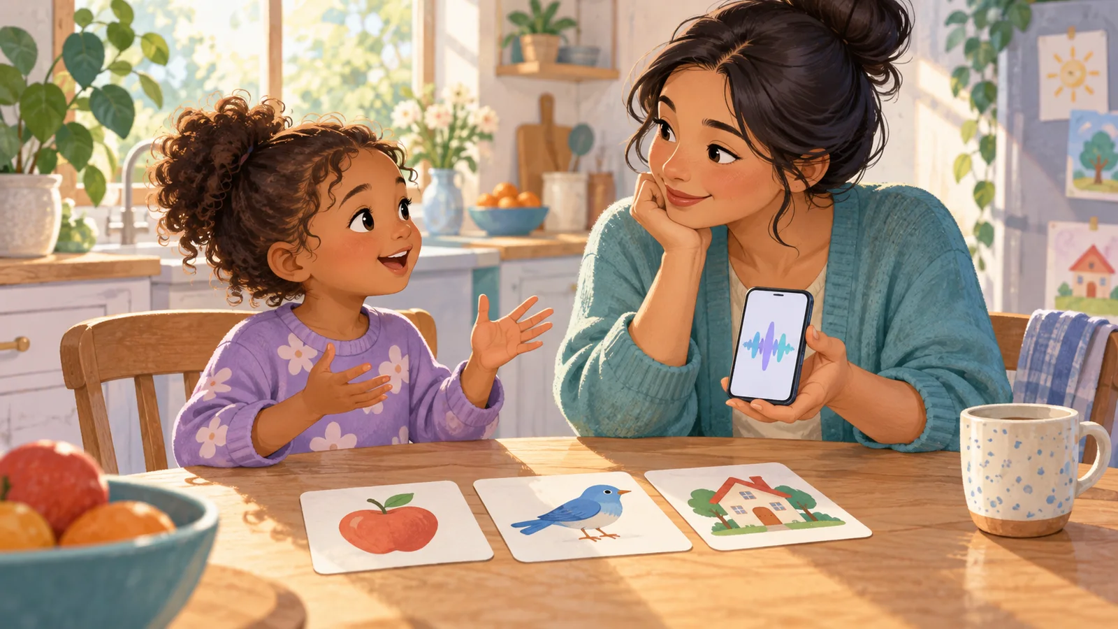 A parent and child practice speaking using picture cards and a phone with an audio wave.