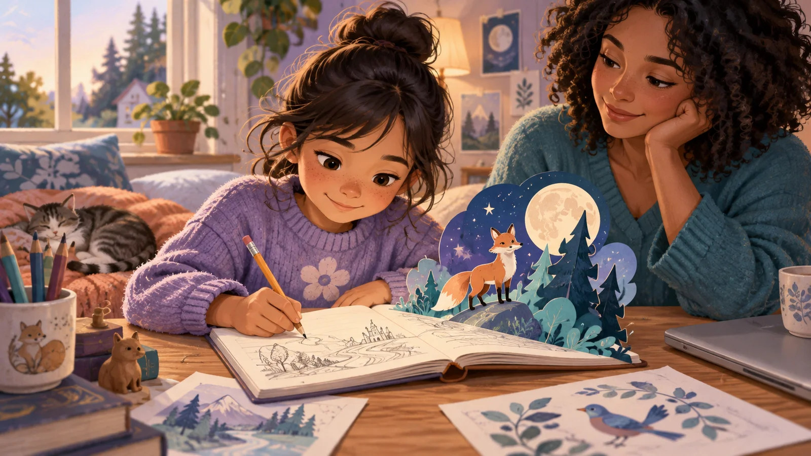 A child writes a story while paper-cut characters illustrate their imagination.