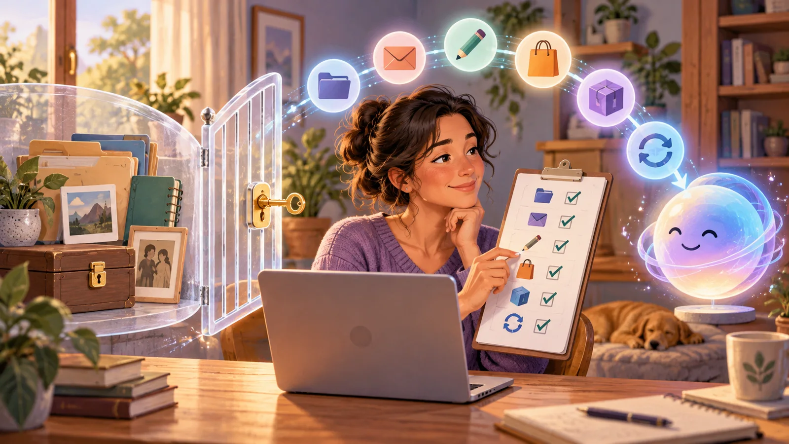 Illustration of an adult reviewing app permissions and a checklist beside a laptop.