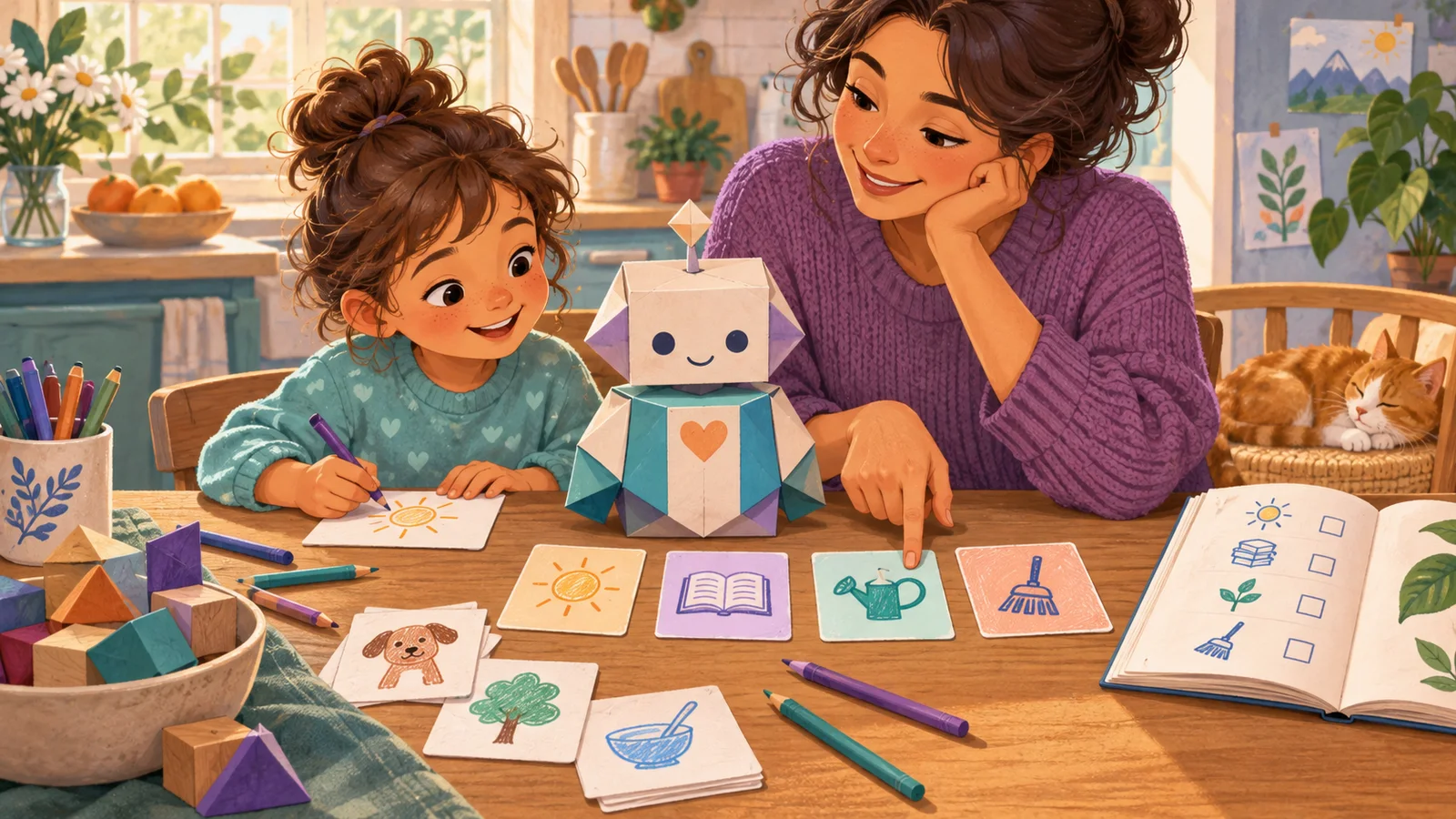Illustration of a parent and child arranging instruction cards beside a paper helper.