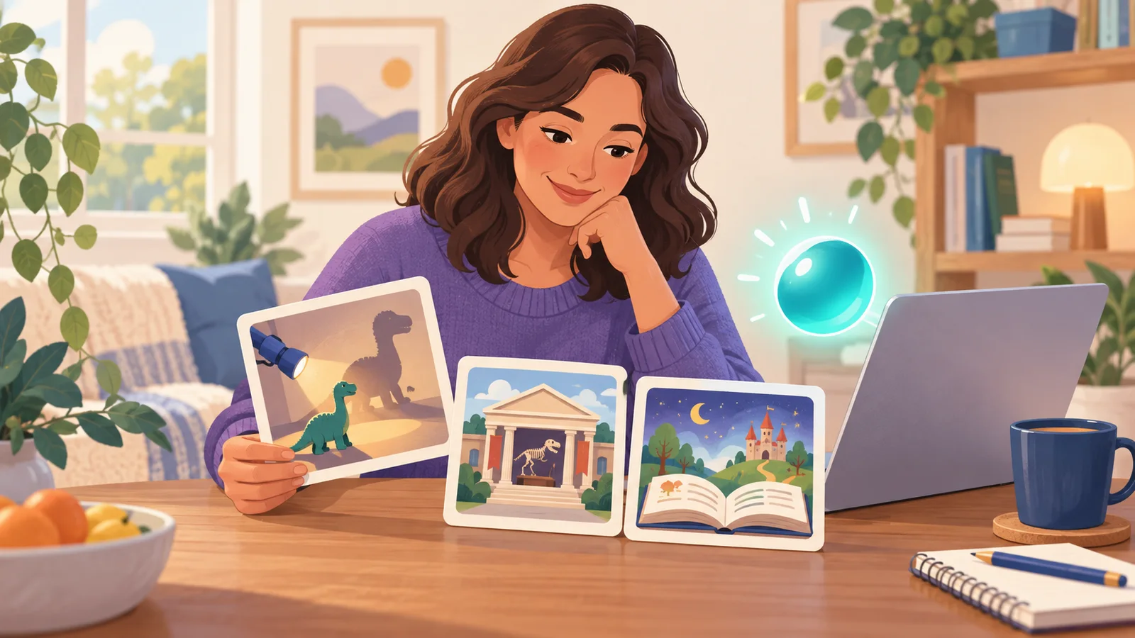 Illustration of a parent reviewing shadow, museum and reading activity cards beside a laptop.