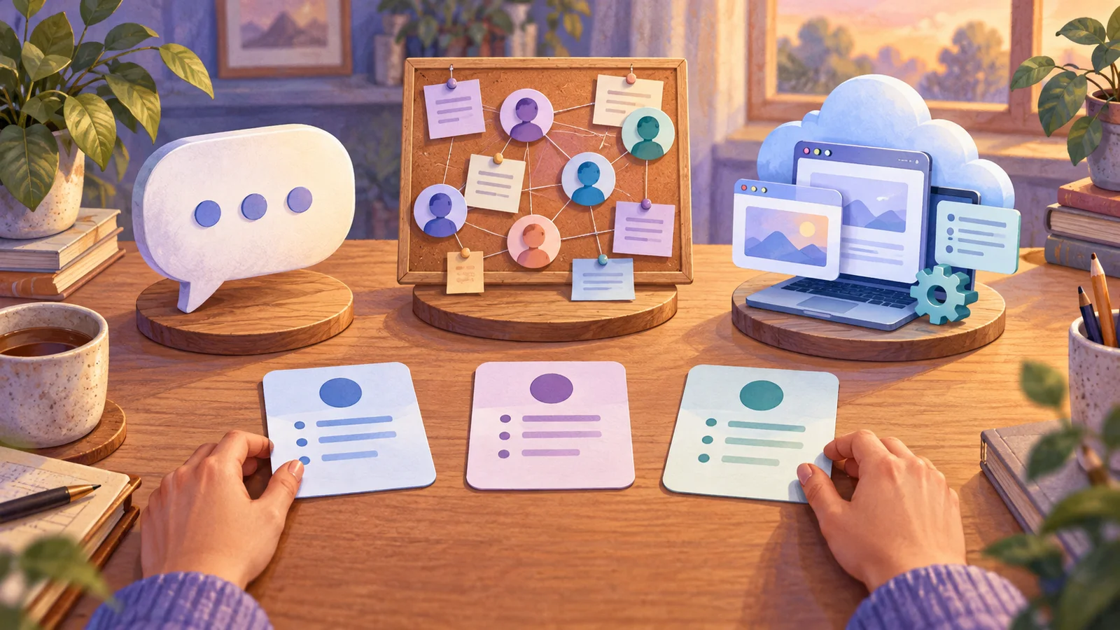 Illustration comparing a chat bubble, a public conversation board and a cloud computer.