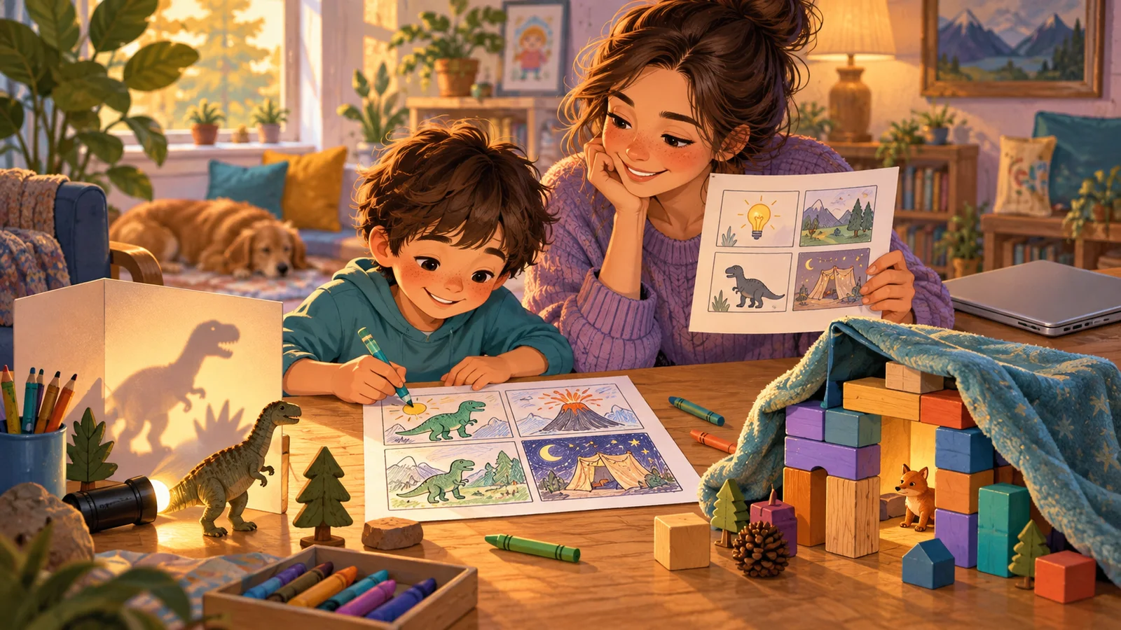 Illustration of a parent and child drawing stories and preparing shadow and building activities.